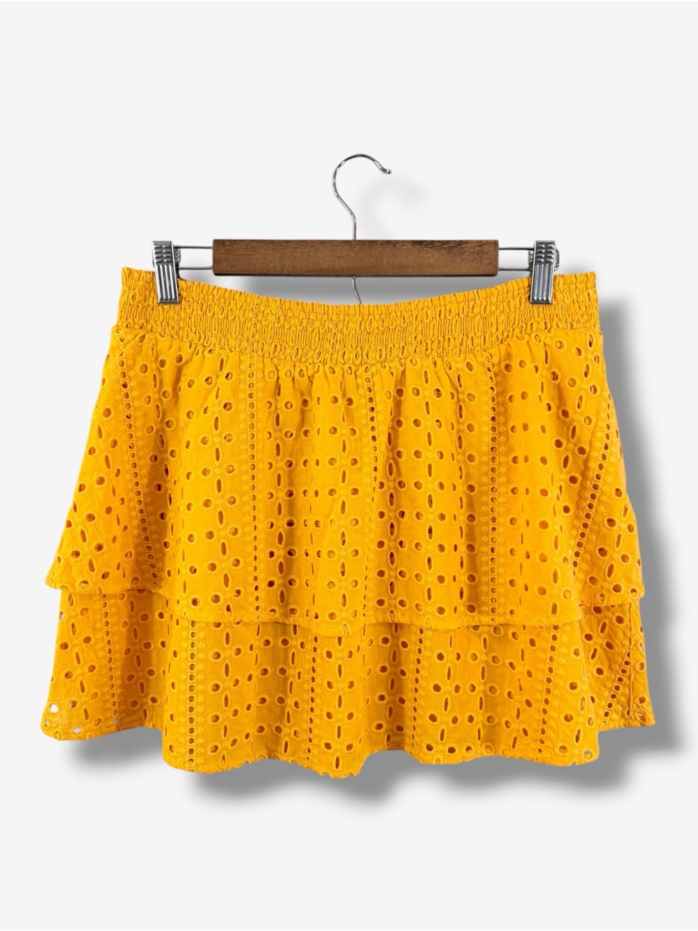 Bar III Yellow Smocked Mini Skirt Size L Ruffle Tiered Elastic Waist Boho Casual